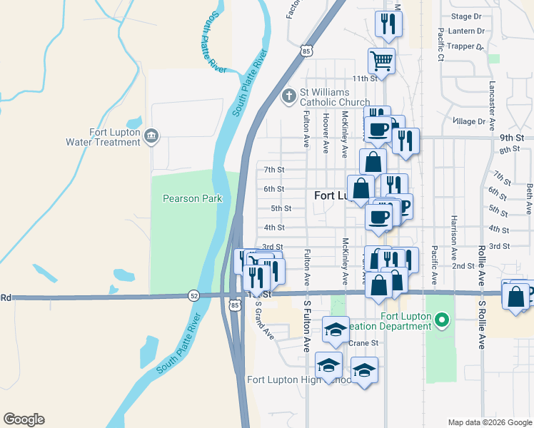 map of restaurants, bars, coffee shops, grocery stores, and more near 157 5th Street in Fort Lupton
