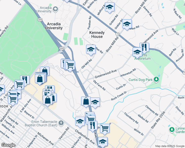 map of restaurants, bars, coffee shops, grocery stores, and more near 411 Old Farm Road in Wyncote