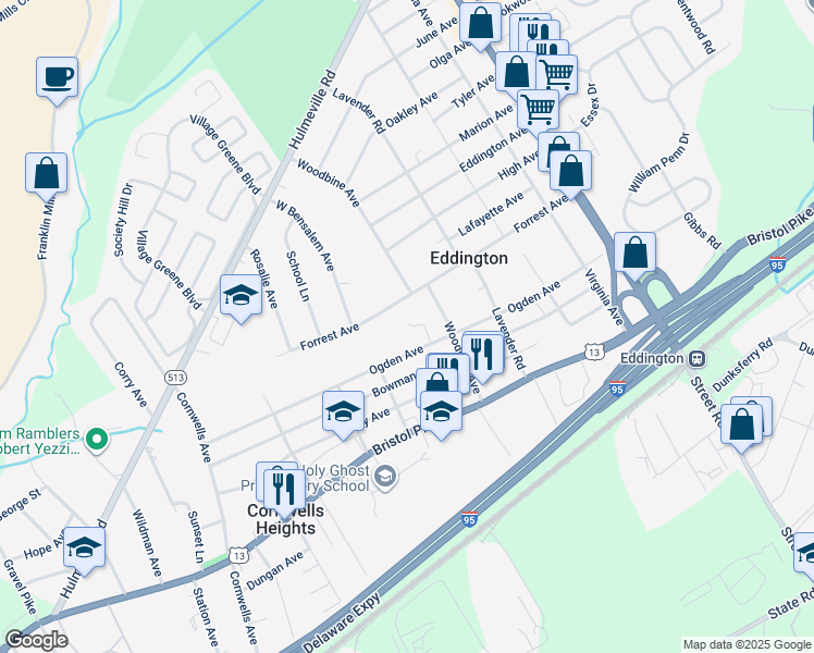 map of restaurants, bars, coffee shops, grocery stores, and more near 1234 Stoney Drive in Eddington