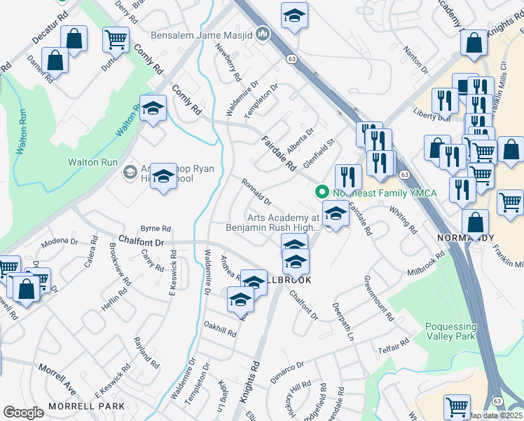 map of restaurants, bars, coffee shops, grocery stores, and more near 3722 Ronnald Drive in Philadelphia