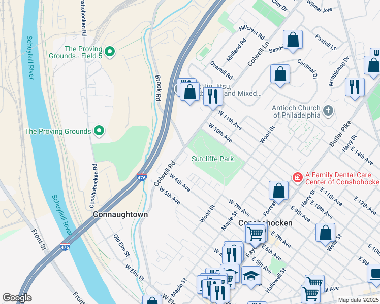 map of restaurants, bars, coffee shops, grocery stores, and more near 169 Sutcliffe Lane in Conshohocken