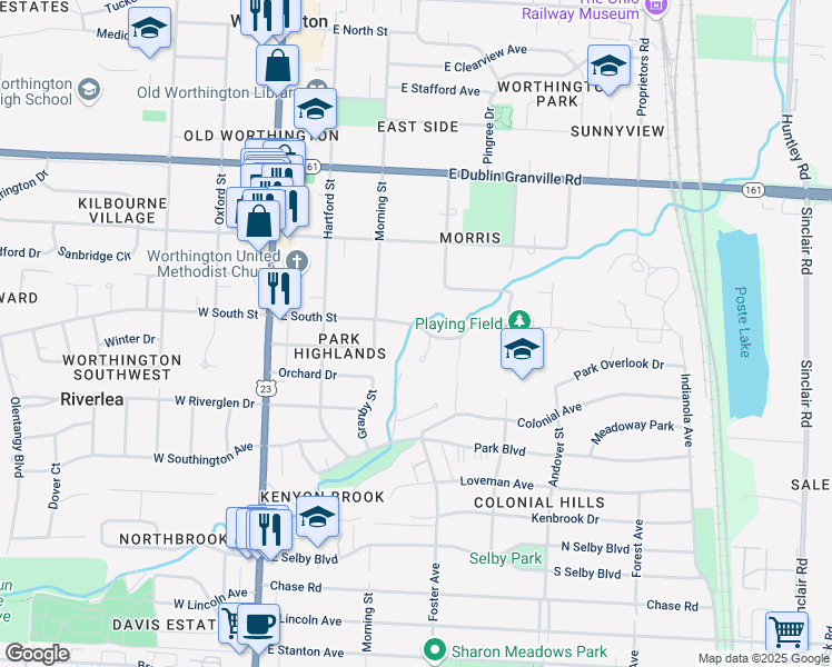 map of restaurants, bars, coffee shops, grocery stores, and more near 200 East South Street in Worthington