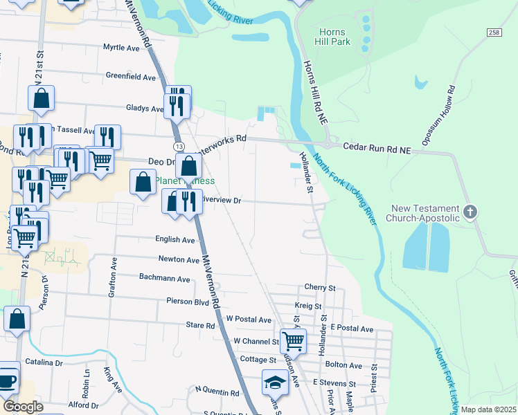 map of restaurants, bars, coffee shops, grocery stores, and more near 124 Riverview Drive in Newark