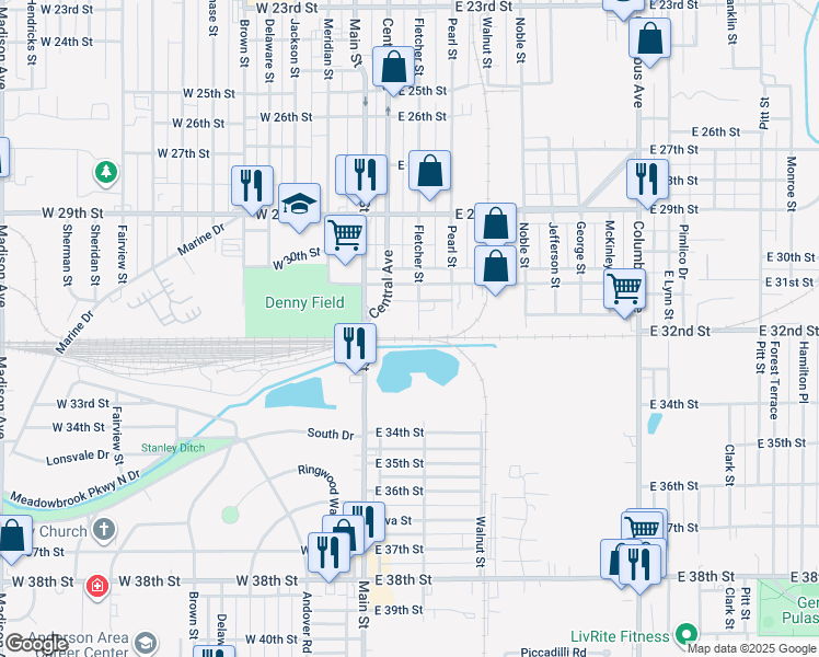 map of restaurants, bars, coffee shops, grocery stores, and more near 3147 Fletcher Street in Anderson