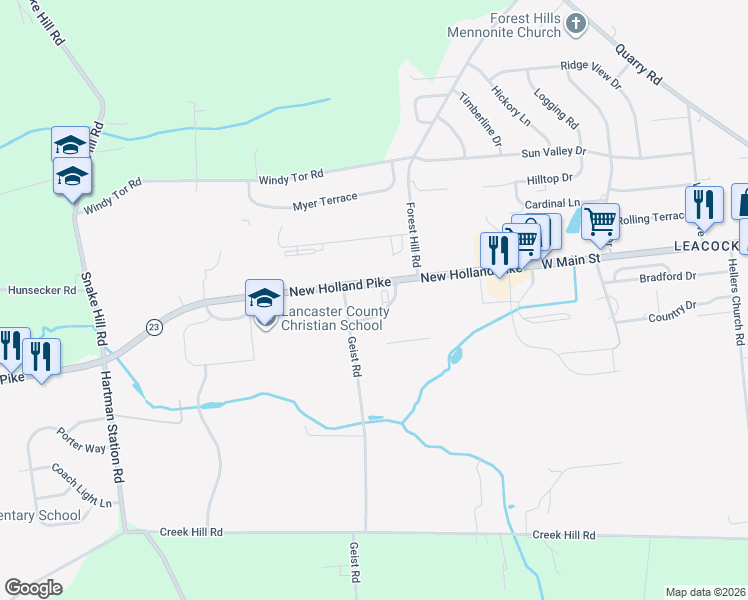 map of restaurants, bars, coffee shops, grocery stores, and more near 2425 New Holland Pike in Lancaster