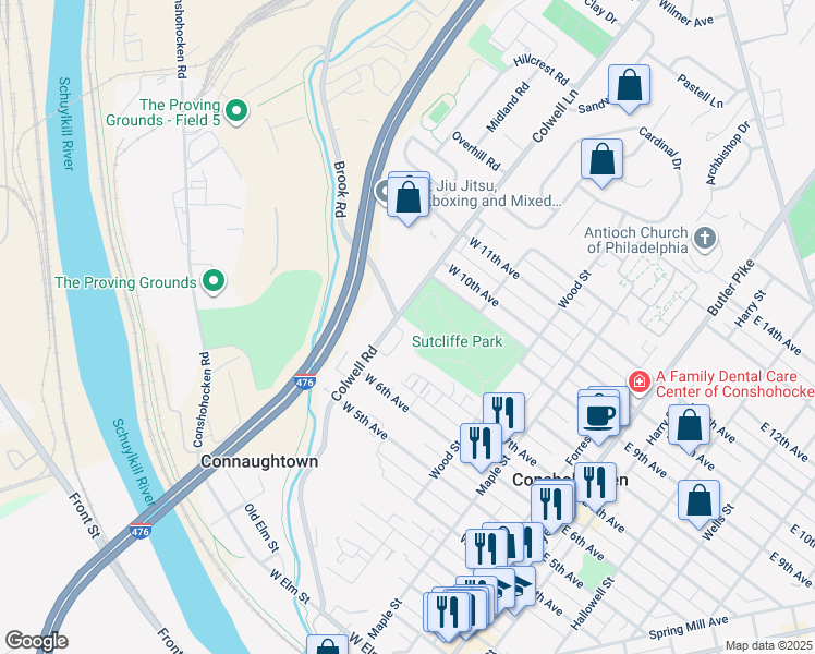 map of restaurants, bars, coffee shops, grocery stores, and more near 169 Sutcliffe Lane in Conshohocken