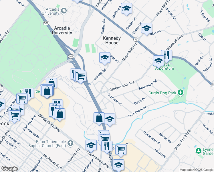 map of restaurants, bars, coffee shops, grocery stores, and more near 411 Old Farm Road in Wyncote