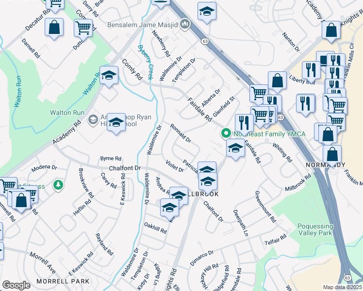 map of restaurants, bars, coffee shops, grocery stores, and more near 3809 Charteris Road in Philadelphia