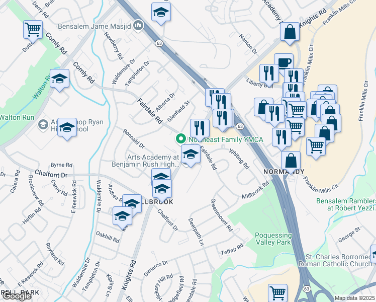 map of restaurants, bars, coffee shops, grocery stores, and more near 3916 Fairdale Road in Philadelphia