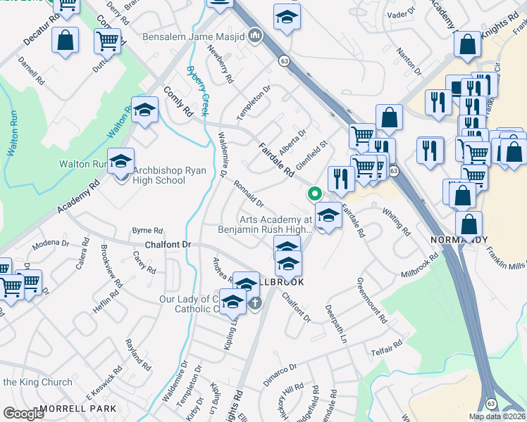 map of restaurants, bars, coffee shops, grocery stores, and more near 3855 Ronnald Drive in Philadelphia