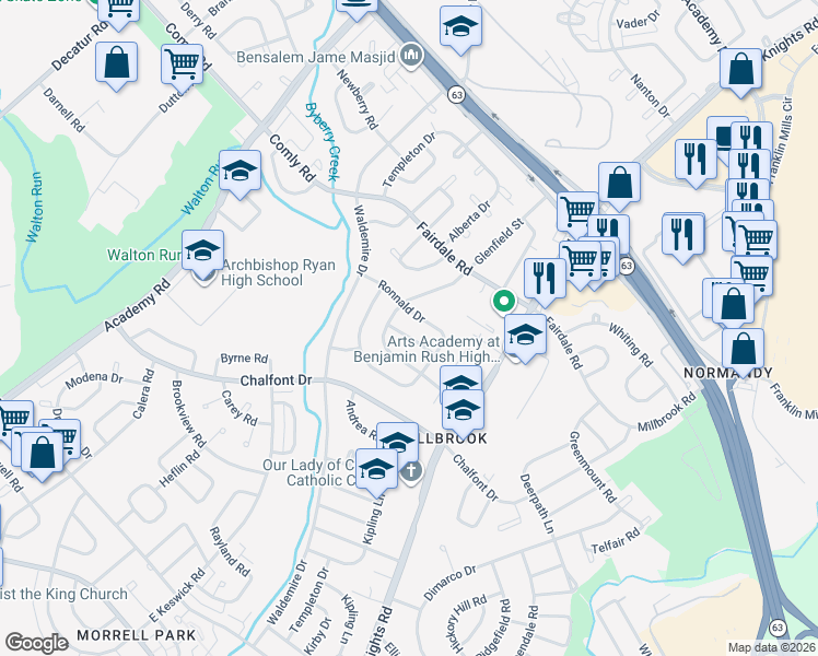 map of restaurants, bars, coffee shops, grocery stores, and more near 3722 Ronnald Drive in Philadelphia