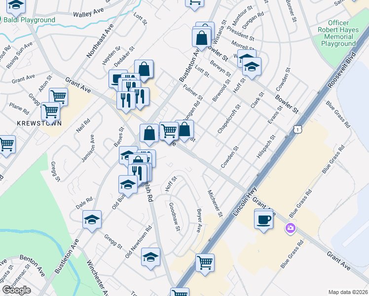map of restaurants, bars, coffee shops, grocery stores, and more near 1909 Grant Avenue in Philadelphia