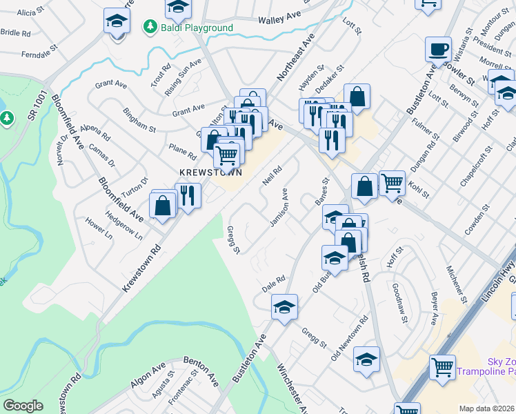 map of restaurants, bars, coffee shops, grocery stores, and more near 9321 Neil Road in Philadelphia
