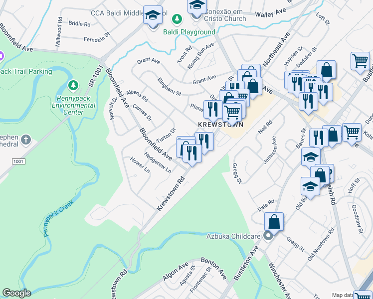 map of restaurants, bars, coffee shops, grocery stores, and more near 8939 Alton Street in Philadelphia