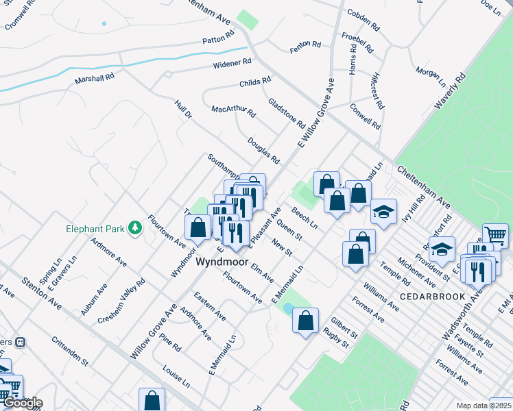 map of restaurants, bars, coffee shops, grocery stores, and more near 1096 East Willow Grove Avenue in Glenside