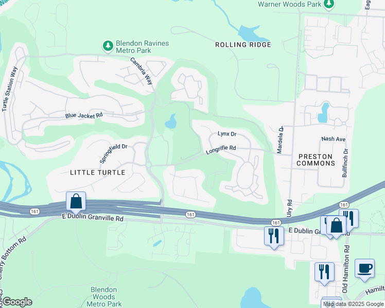map of restaurants, bars, coffee shops, grocery stores, and more near 5514 Lynx Drive in Westerville