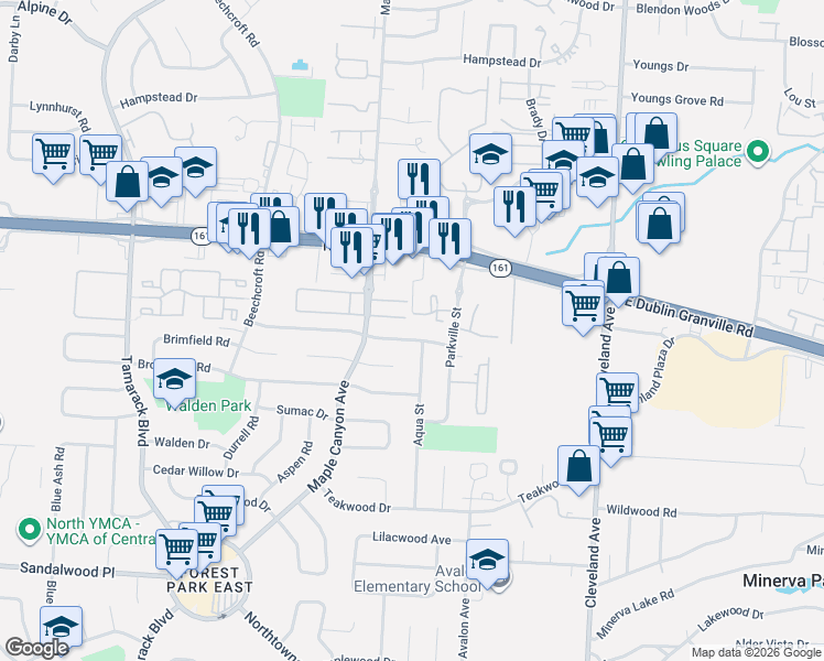 map of restaurants, bars, coffee shops, grocery stores, and more near 2174 Bridlington Lane in Columbus