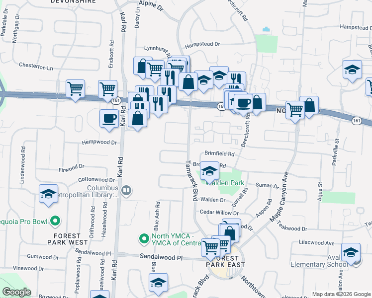 map of restaurants, bars, coffee shops, grocery stores, and more near 1781 Forest Oak Lane in Columbus