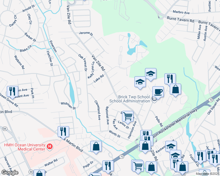 map of restaurants, bars, coffee shops, grocery stores, and more near 287 Van Zile Road in Brick