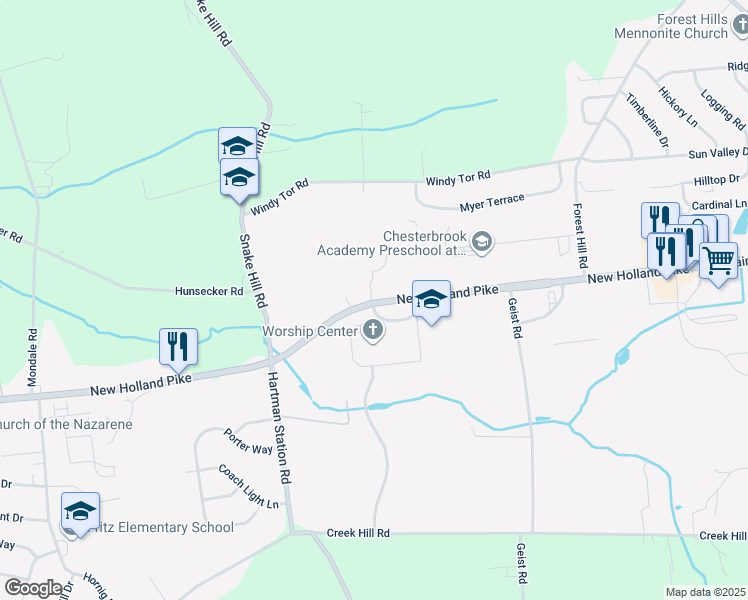 map of restaurants, bars, coffee shops, grocery stores, and more near 2355 New Holland Pike in Lancaster