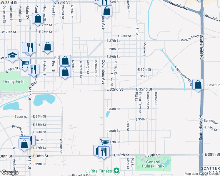 map of restaurants, bars, coffee shops, grocery stores, and more near 3124 Columbus Avenue in Anderson