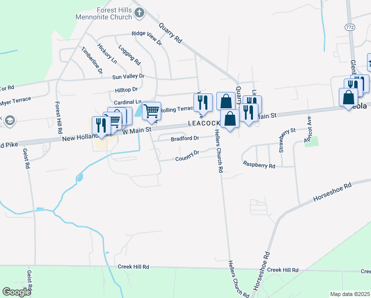 map of restaurants, bars, coffee shops, grocery stores, and more near 11 Bradford Dr in Leacock-Leola-Bareville