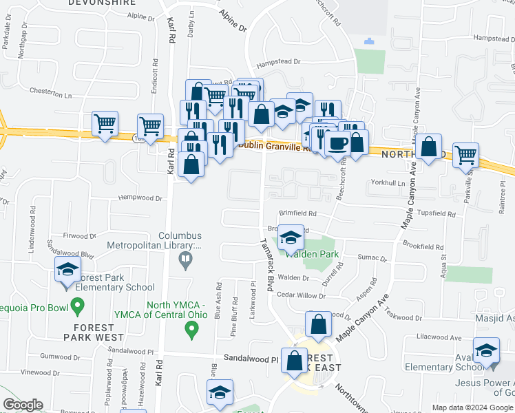 map of restaurants, bars, coffee shops, grocery stores, and more near 1764 Brookfield Square North in Columbus