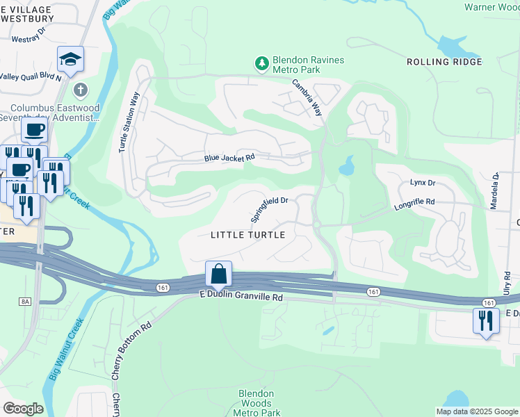 map of restaurants, bars, coffee shops, grocery stores, and more near 5249 Springfield Drive in Westerville