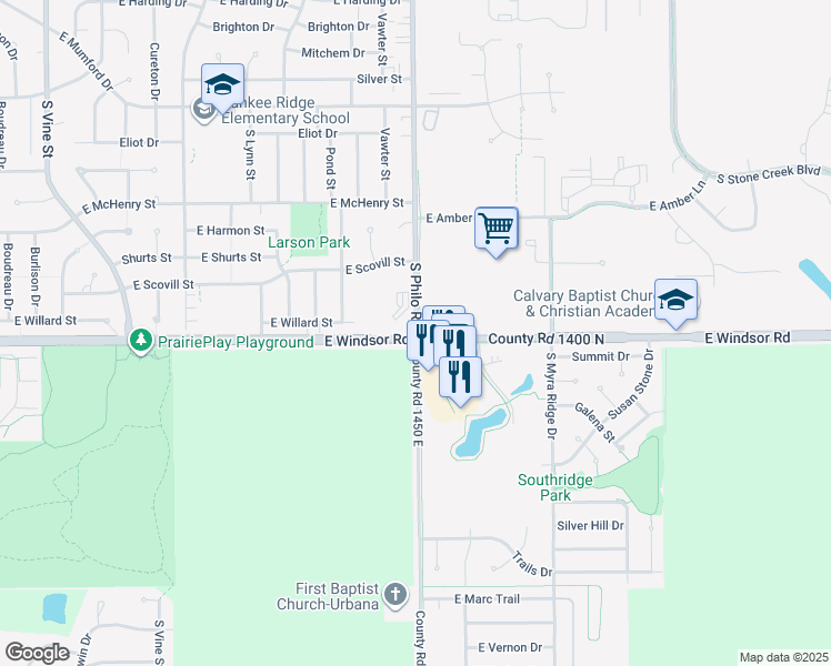 map of restaurants, bars, coffee shops, grocery stores, and more near 2441 County Road 1400 East in Urbana