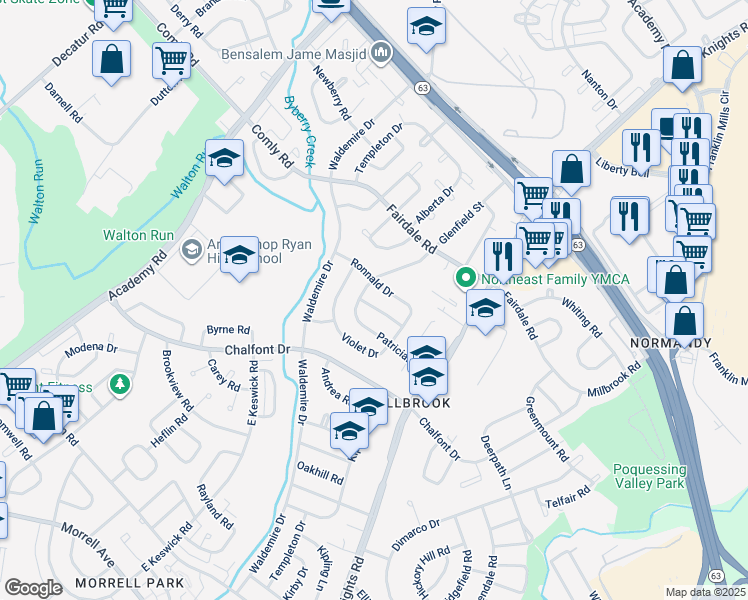 map of restaurants, bars, coffee shops, grocery stores, and more near 3809 Charteris Road in Philadelphia