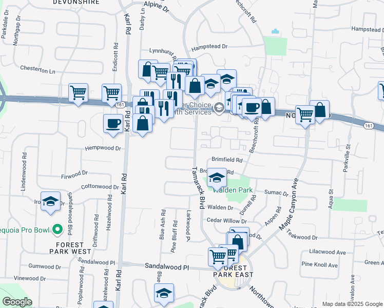 map of restaurants, bars, coffee shops, grocery stores, and more near 5685 Tamarack Boulevard in Columbus