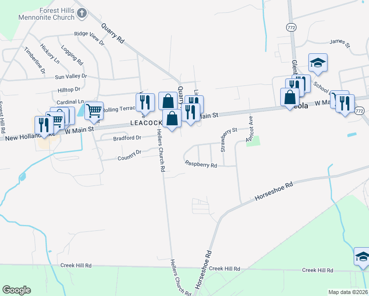 map of restaurants, bars, coffee shops, grocery stores, and more near 247 Raspberry Road in Leacock-Leola-Bareville