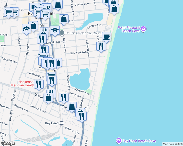 map of restaurants, bars, coffee shops, grocery stores, and more near 1302 Baltimore Avenue in Point Pleasant Beach