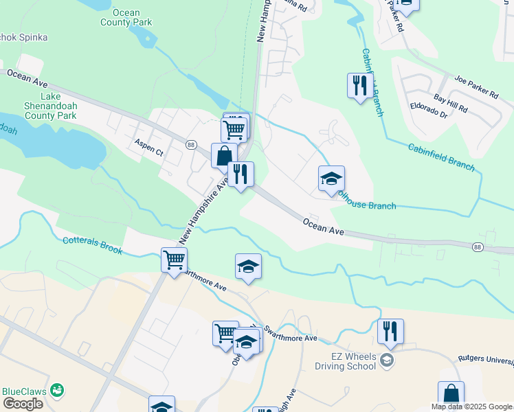 map of restaurants, bars, coffee shops, grocery stores, and more near 1088 New Jersey 88 in Lakewood