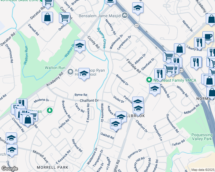 map of restaurants, bars, coffee shops, grocery stores, and more near 11128 Templeton Drive in Philadelphia