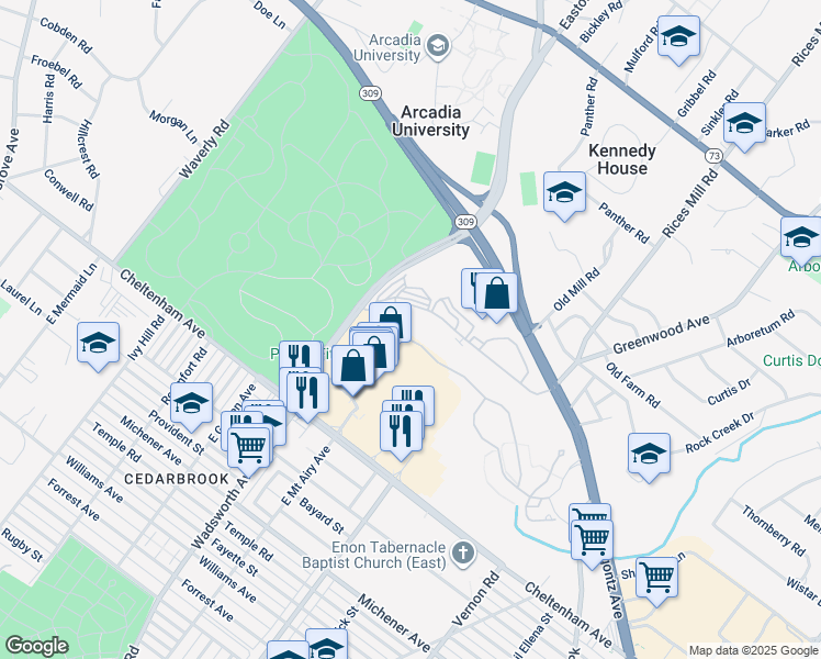map of restaurants, bars, coffee shops, grocery stores, and more near 129 Old Cedarbrook Road in Wyncote