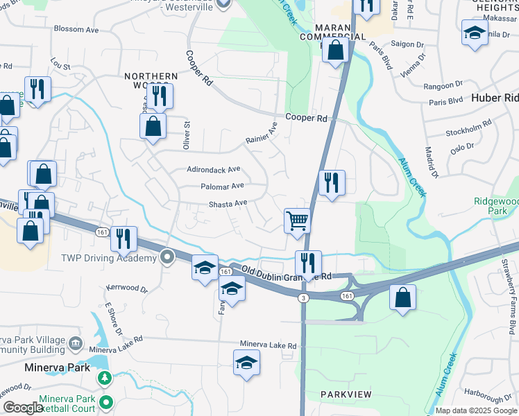 map of restaurants, bars, coffee shops, grocery stores, and more near 3232 Shasta Avenue in Columbus