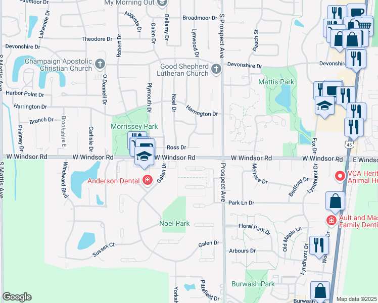map of restaurants, bars, coffee shops, grocery stores, and more near 2306 Lynwood Drive in Champaign