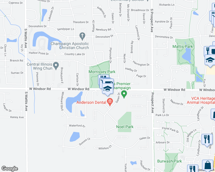 map of restaurants, bars, coffee shops, grocery stores, and more near 1117 Plymouth Drive in Champaign