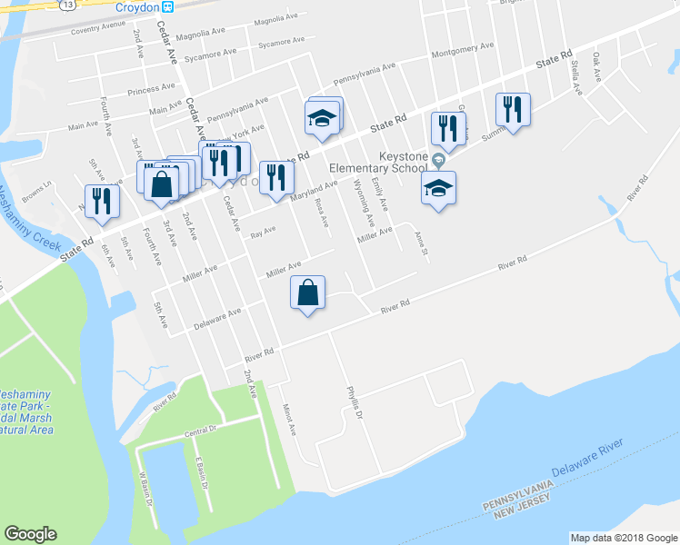 map of restaurants, bars, coffee shops, grocery stores, and more near 1024 Rosa Avenue in Croydon
