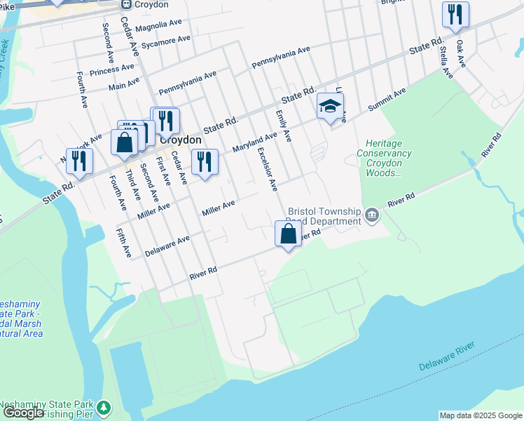 map of restaurants, bars, coffee shops, grocery stores, and more near 1024 Rosa Avenue in Croydon