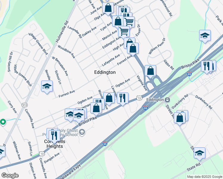 map of restaurants, bars, coffee shops, grocery stores, and more near 2687 Ogden Avenue in Bensalem