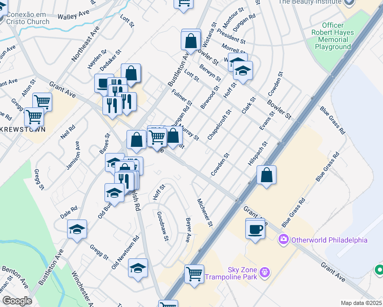 map of restaurants, bars, coffee shops, grocery stores, and more near 9523 Hoff Street in Philadelphia