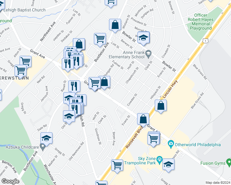 map of restaurants, bars, coffee shops, grocery stores, and more near 9523 Hoff Street in Philadelphia