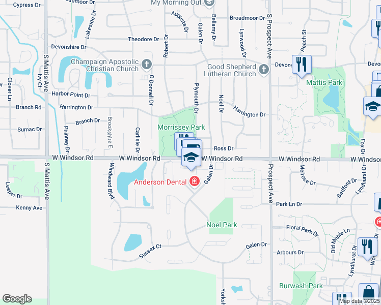map of restaurants, bars, coffee shops, grocery stores, and more near 1117 Plymouth Drive in Champaign