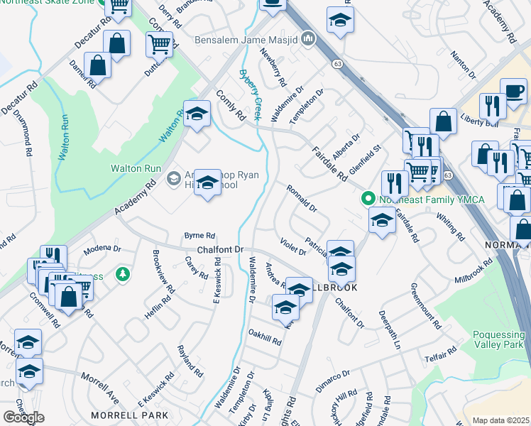 map of restaurants, bars, coffee shops, grocery stores, and more near 11128 Templeton Drive in Philadelphia