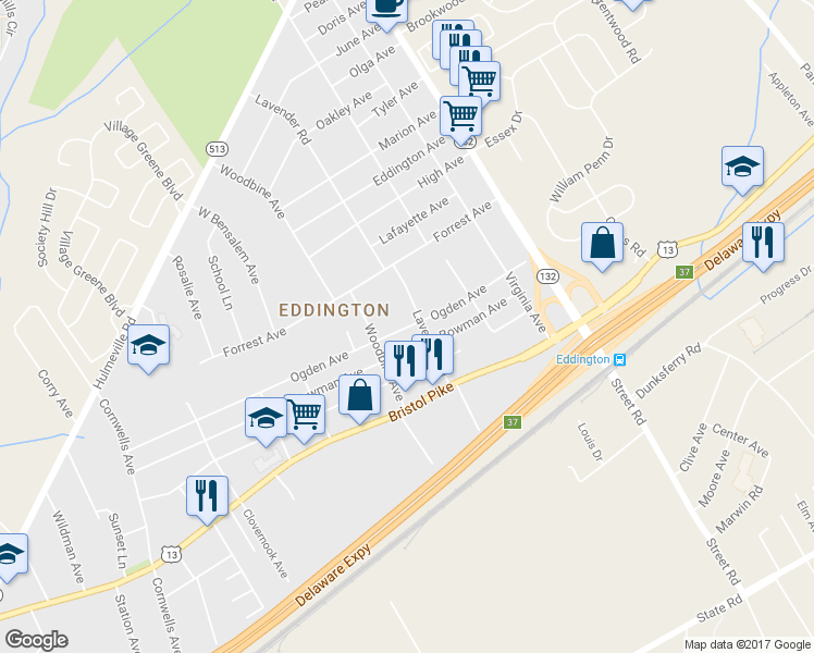 map of restaurants, bars, coffee shops, grocery stores, and more near 2687 Ogden Avenue in Bensalem
