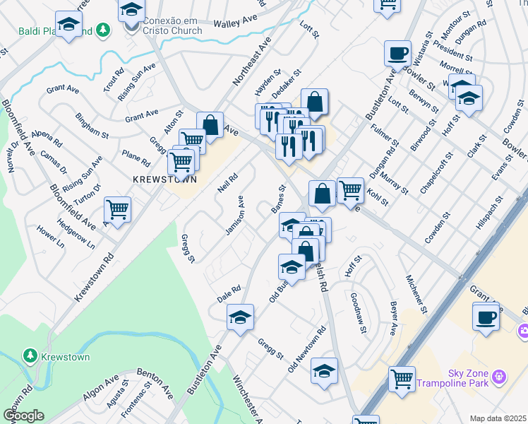 map of restaurants, bars, coffee shops, grocery stores, and more near 1713 Tracey Street in Philadelphia