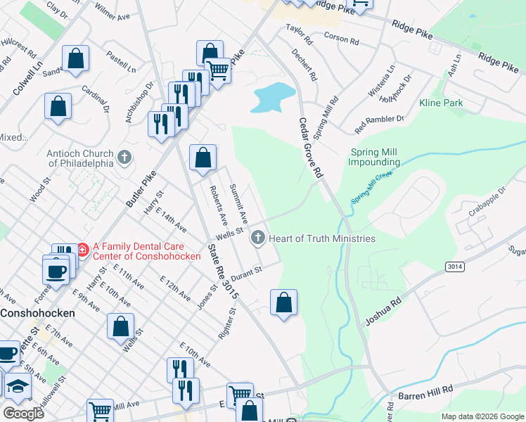 map of restaurants, bars, coffee shops, grocery stores, and more near 249 Hillcrest Avenue in Conshohocken