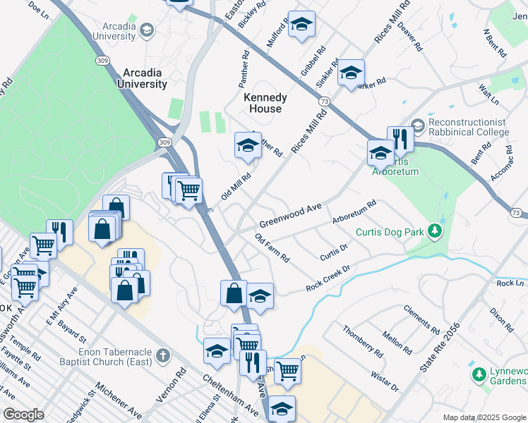 map of restaurants, bars, coffee shops, grocery stores, and more near 416 Carlton Avenue in Wyncote